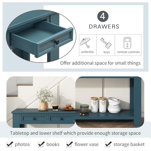 LKTART Solid Wood Console Table,63" Sofa Table Entryway Table with Drawers | Console Table for Entryway with 4 Drawers and Open Shelf,Entry Table for Hallway,Foyer,Living Room,Easy Assembled,Dark Blue - color: Dark Blue
