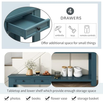 LKTART Solid Wood Console Table,63" Sofa Table Entryway Table with Drawers | Console Table for Entryway with 4 Drawers and Open Shelf,Entry Table for Hallway,Foyer,Living Room,Easy Assembled,Dark Blue - color: Dark Blue