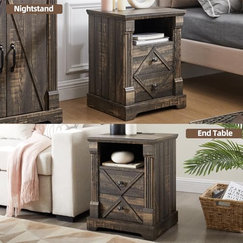 Minifeel Farmhouse Nightstand with Charging Station, 18" Wide 2 Drawer Night Stand, Barn Door Wood Bedside Table with Open Storage Shelf, Sofa Side End Tables with Roman Column for Bedroom, Dark Oak - color: Dark Rustic Oak
