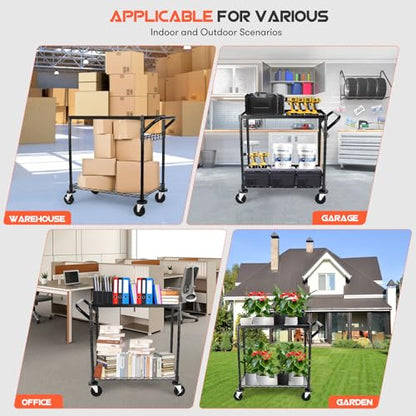 WDT 680Lbs Capacity Heavy Duty Rolling Utility Cart,2 Tier Rolling Carts with Wheels,Commercial Grade Metal Cart with Handle Bar & Shelf Liner,Trolley Serving Cart for Restaurant,Kitchen,Black - color: Black 2 Tier