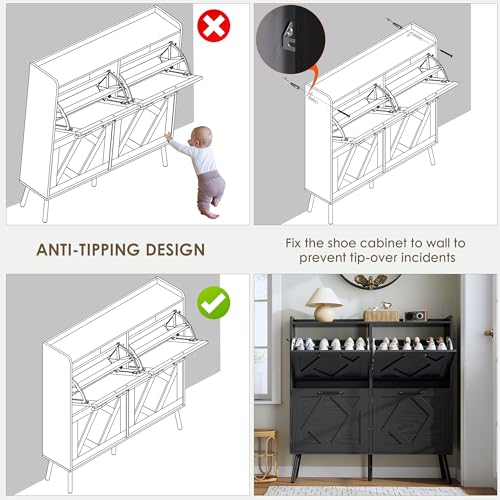 Shoe Cabinet with 4 Flip Drawers, Hidden Shoe Rack Cabinet with Metal Legs, Farmhouse Narrow Shoe Storage Cabinet for Entryway, Foyer, Hallway, Black - color: Solid Black
