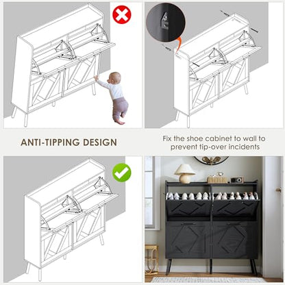 Shoe Cabinet with 4 Flip Drawers, Hidden Shoe Rack Cabinet with Metal Legs, Farmhouse Narrow Shoe Storage Cabinet for Entryway, Foyer, Hallway, Black - color: Solid Black