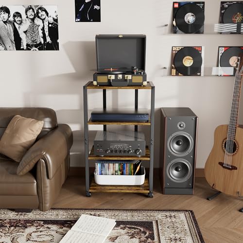 Aquzee AV Media Stand with Wheels, 4-Tier Game Console Shelf, Rolling Media Cart for Small Space, Stereo Racks and Stands, Ideal for Record Player, Game Console, DVD Player, and Projector, Wood