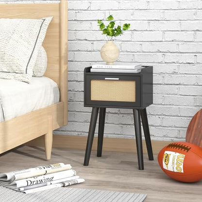 LAATOOREE Nightstand Set of 2, Small Black Bedside Table, End Table with Rattan Door, Boho Side Table with Solid Wood Legs for Bedroom Living Room Small Space - color: Black, style: Boho Style
