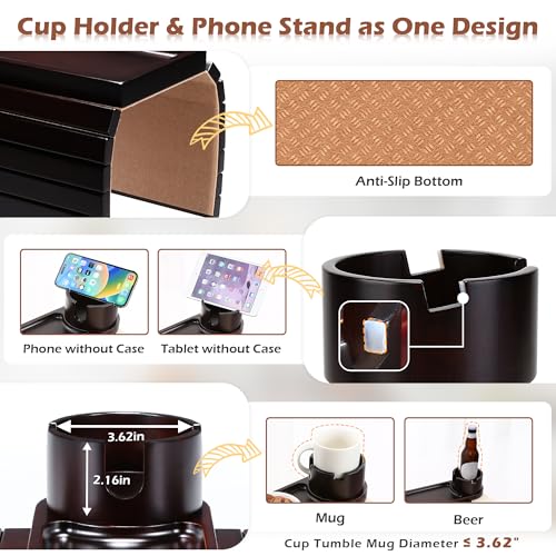 Couch Cup Holder Tray, 15.75" Bamboo Cup Holder for Couch, 3 in 1 Foldable Arm Chair Clip on Side Tray Table for Remote Snack Table on Armrest - color: Black Walnut