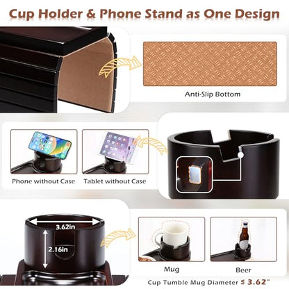 Couch Cup Holder Tray, 15.75" Bamboo Cup Holder for Couch, 3 in 1 Foldable Arm Chair Clip on Side Tray Table for Remote Snack Table on Armrest - color: Black Walnut