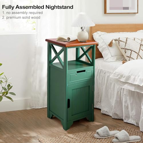 Assembled 30in Height Nightstand, Pre- Assembled Bathroom Floor Cabinet with Shelf and Storage Drawer, Green Tall End Table No Assembly Chest for Living Room Bedroom - color: Green