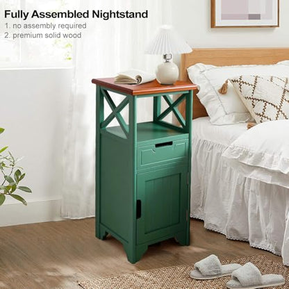 Assembled 30in Height Nightstand, Pre- Assembled Bathroom Floor Cabinet with Shelf and Storage Drawer, Green Tall End Table No Assembly Chest for Living Room Bedroom - color: Green