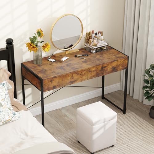 Giantex Computer Desk with 2 Drawers, 44 Inch Home Office Desk with Anti-Toppling Device & Metal Frame, Compact Laptop PC Table, Vanity Table, Modern Study Writing Desk for Small Spaces (Rustic Brown) - color: Rustic Brown