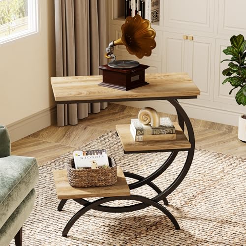 Tribesigns C-Shaped End Table Set of 2, Industrial 3-Tier Small Side Table for Couch, Wood Bedside Table Snack Side Table with Storage Shelves for Living Room Small Space, Light Brown - color: Light Brown