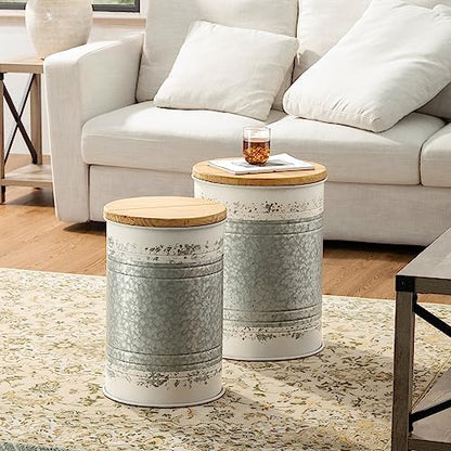 Glitzhome Rustic End Table Set of 2, Farmhouse Galvanized Metal Barrel Ottoman Storage Stool with Round Wood Lid for Living Room Furniture, Distressed White - color: Distressed White