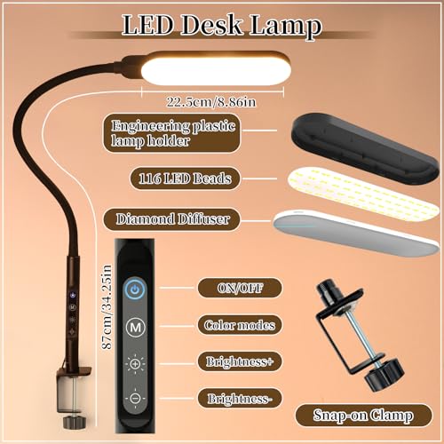 BQAN LED Desk Lamp with Clamp 15W Eye-Caring Clip on Light for Home Black | 5 Modes & 9 Brightness | Adjustable Gooseneck | Touch Dimmer | Clamp Desk Design | For Reading, Study, Nail Art, Work - color: Black
