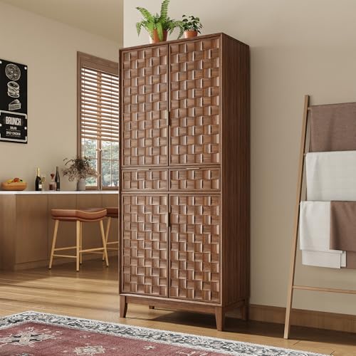 Pantry Cabinet, 71" Tall Pantry Cabinet,Modern Kitchen Cabinet with Doors, Drawers & Adjustable Shelves, Freestanding Food Pantry Cupboard with Side Rack for Kitchen Dining Room,Walnut - color: New-walnut