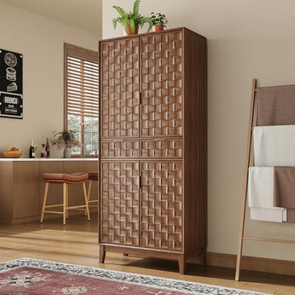 Pantry Cabinet, 71" Tall Pantry Cabinet,Modern Kitchen Cabinet with Doors, Drawers & Adjustable Shelves, Freestanding Food Pantry Cupboard with Side Rack for Kitchen Dining Room,Walnut - color: New-walnut