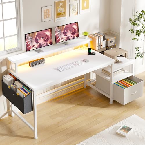 EnHomee 56.5" Office Desk with Drawers & Printer Space for Home Work,White | Computer Desk with 3 AC Outlets& 2 USB Ports,40"*7" Long Monitor Stand,Side Pockets with Storage Space,Home Office,Bedroom - color: White, size: 56.5 IN