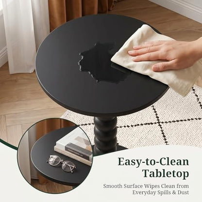 Round Side Table for Small Spaces, Modern Pedestal End Table with Solid Wood Spindle Leg, Small Drink Table Accent Nightstand for Living Room, Bedroom, Sofa Side, Apartment & Office, Black - color: Black