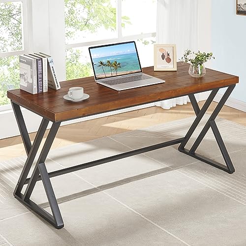 Solid Wood Computer Desk, Modern Real Wood Home Office Desk, Long Rustic Farmhouse Natural Wood Writing Desk, Executive Workstation PC Desk Table for Living Room Bedroom, Brown, 55 inch - size: 55 inch