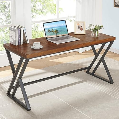 Solid Wood Computer Desk, Modern Real Wood Home Office Desk, Long Rustic Farmhouse Natural Wood Writing Desk, Executive Workstation PC Desk Table for Living Room Bedroom, Brown, 55 inch - size: 55 inch