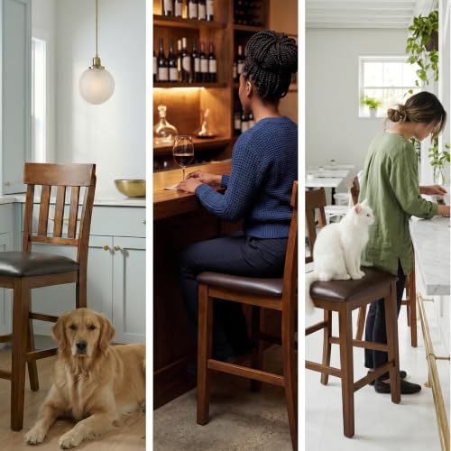 Signature Design by Ashley Ralene Traditional 26" Counter Height Faux Leather Seat Barstool, 2 Count, Brown | Wipe-clean faux leather cushion, Veneers, wood and engineered wood frame, 25.63-inch seat height, Ralene Series - color: Medium Brown, style: Bar