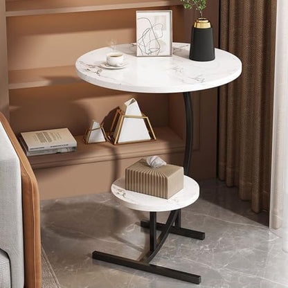 2 Layers Round Marble Texture Small C-Shaped Side Table,Snack Side Table, End Table for Sofa Side Table,Bedside Table for Living Room Kitchen Garden Bedroom