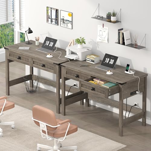 YOMILUVE Farmhouse Computer Desk with 2 Drawers, 39 Inch Small Computer Desk with Power Outlets, Home Office Desk Compact Writing Study Table for Small Spaces, Grey - color: Grey