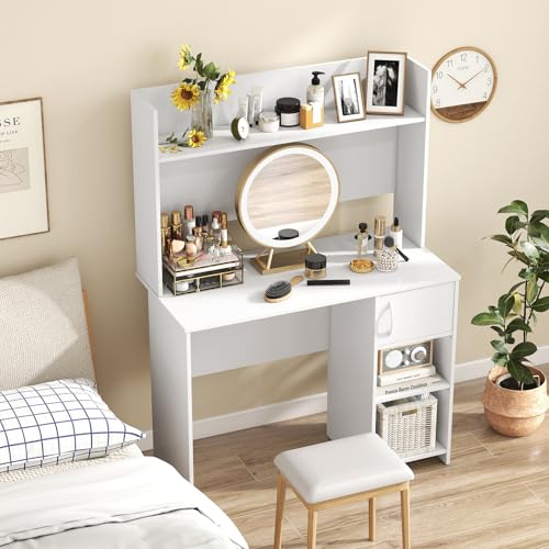 Giantex White Desk with Hutch, Small Computer Desk with Bookshelf & Adjustable Shelf, 2 Cable Holes, Modern Laptop PC Computer Workstation, Study Writing Desk for Small Spaces, Bedroom, Home Office - color: White