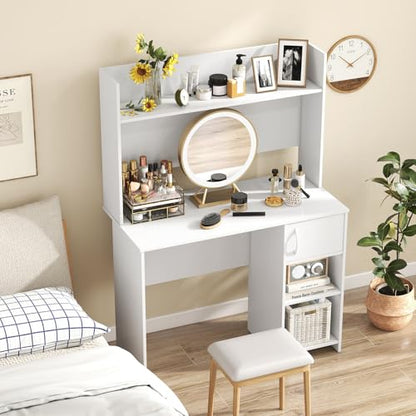 Giantex White Desk with Hutch, Small Computer Desk with Bookshelf & Adjustable Shelf, 2 Cable Holes, Modern Laptop PC Computer Workstation, Study Writing Desk for Small Spaces, Bedroom, Home Office - color: White