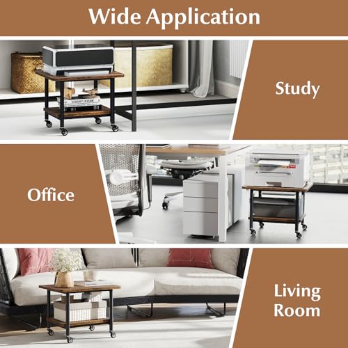 GOFLAME Under Desk Printer Stand, 2-Tier Industrial Mobile Printer Table with Storage Shelf, Metal Frame, Rolling Printer Cart Holder Storage Rack with Lockable Wheels for Home Office, Brown - color: Brown