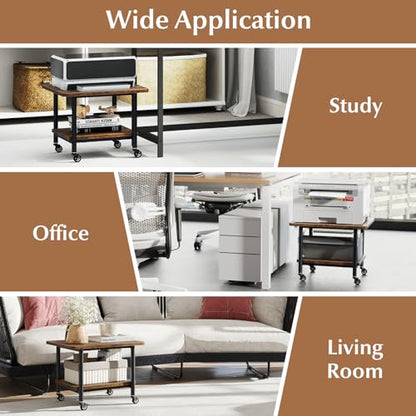 GOFLAME Under Desk Printer Stand, 2-Tier Industrial Mobile Printer Table with Storage Shelf, Metal Frame, Rolling Printer Cart Holder Storage Rack with Lockable Wheels for Home Office, Brown - color: Brown