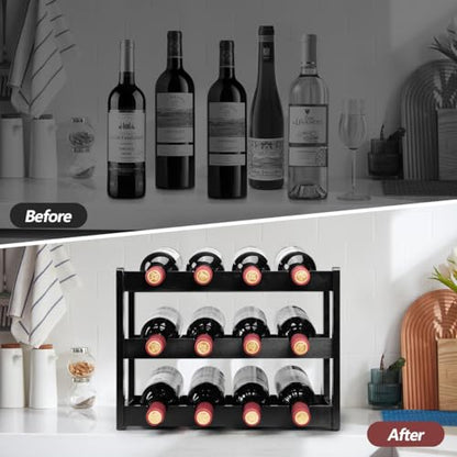 Bamboo Wine Rack, Sturdy and Durable Wine Storage Cabinet Shelf, Wine Racks Countertop for Pantry - 3 Tiers 12 Bottle Wine Rack, Black - color: 3 Tier Black