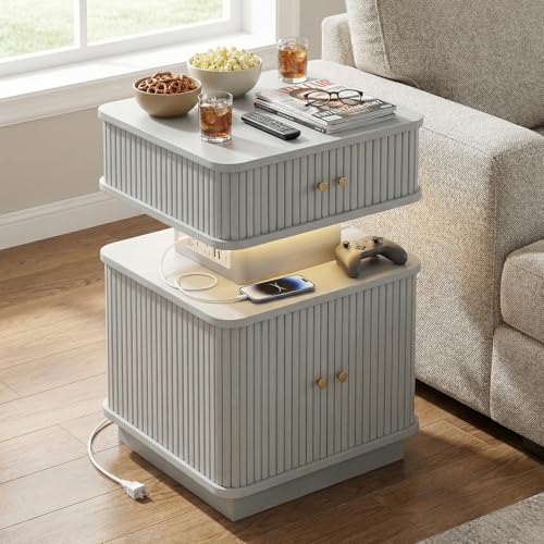 Nightstand with Charging Station, Modern Night Stand with Smart Led Light and 2 Small Sliding Door Cabinets, Curvy Edge, Bedside Table for Bedroom, Grey - color: Grey