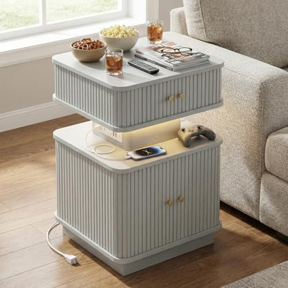 Nightstand with Charging Station, Modern Night Stand with Smart Led Light and 2 Small Sliding Door Cabinets, Curvy Edge, Bedside Table for Bedroom, Grey - color: Grey