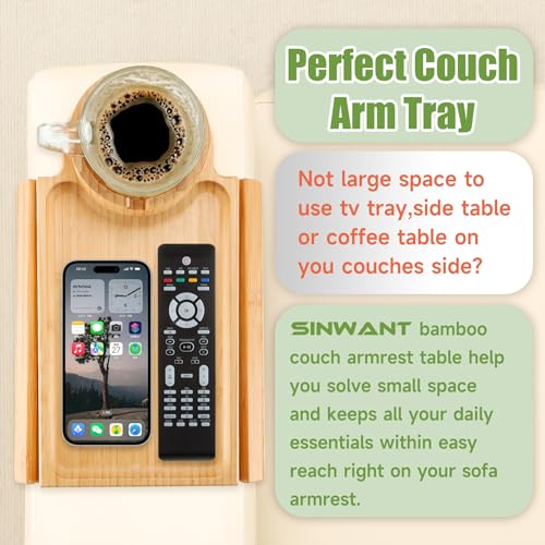 Couch Cup Holder Tray,Large Bamboo Couch Armrest Table with Cup Holder,Foldable Anti-Slip Sofa Arm Tray for Coffee Cup,Water Bottles,Mug,Snacks,Remote - color: Bamboo