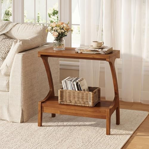 Solid Wood End Table with Storage Shelf, Small Accent Table for Living Room, Bedroom, or Office, Easy Assembly, Compact Side Table for Tight Spaces - color: Orange Brown