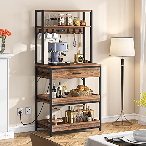 LITTLE TREE Kitchen Baker’s Rack with Power Outlets, Freestanding 5-Tier Microwave Stand with Drawers & Sliding Shelves, Coffee Bar with 6 Hooks for Dining Room Living Room, Rustic Brown - color: Rustic Brown