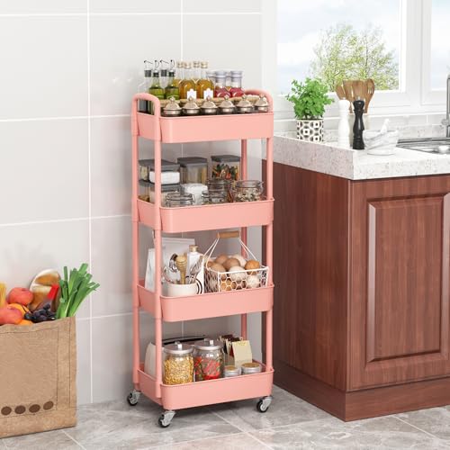 Sywhitta 4-Tier Plastic Rolling Utility Cart with Handle, Multi-Functional Storage Trolley for Office, Living Room, Kitchen, Movable Storage Organizer with Wheels, Pink | Multi-Functional Storage Trolley, for Office, Living Room, Kitchen, Bathroom,Movable