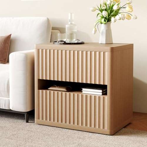 Dripex Fluted Nightstand Set of 2, 22'' Wide Night Stand with 2 Large Drawers, Mid Century Modern Wood Bedside Table with Open Shelf, Large Bed Side End Table for Bedroom, Natural Oak - color: Natural Oak