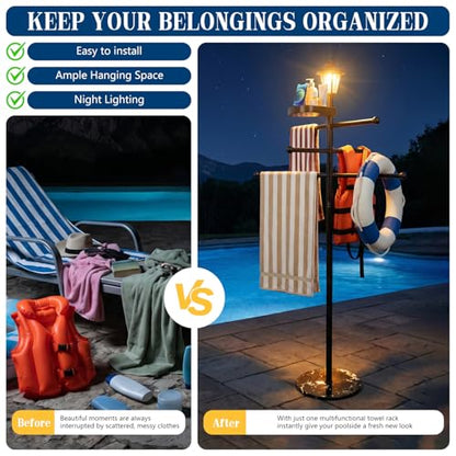 Pool Towel Rack Outdoor with Solar Light, 64" Heavy Duty Pool Towel Holder with Weighted Marble Base, 3-Tier Freestanding Outdoor Towel Rack with Storage Tray for Pool, Hot Tub, Backyard