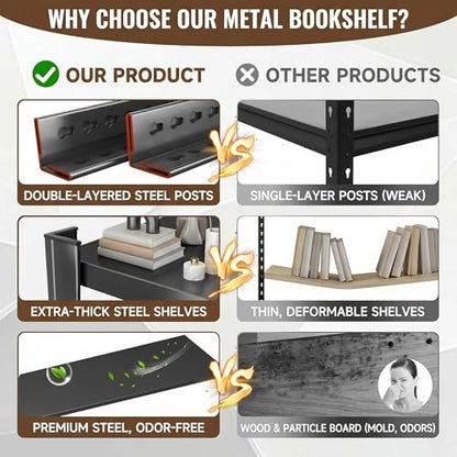 3 Tier Metal Bookshelf, Adjustable Tall Bookcase, Heavy Duty 1800 LBS Modern Deep Book Shelf, Bolt-Free Storage Shelves for Living Room, Home Office, Garage, 36" Wx 12" Dx 32" H - size: Enhanced 3 Tier-36"Wx 12"Dx 32"H