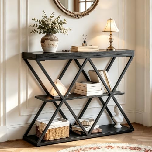 Garvee 3 Tier Console Table,39" Industrial Entryway Table,Open Wood Shelves | Sofa Table,Narrow Wood Accent Tables with Metal Frame for Hallway,Living Room,Behind Couch,Foyer,Entrance,Black - color: Black + X-shaped