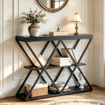Garvee 3 Tier Console Table,39" Industrial Entryway Table,Open Wood Shelves | Sofa Table,Narrow Wood Accent Tables with Metal Frame for Hallway,Living Room,Behind Couch,Foyer,Entrance,Black - color: Black + X-shaped