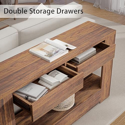 Farmhouse Entryway Table with Storage Drawers and LED Lighting, 55 Inch Long Narrow Console Sofa Table for Hallway Table Entrance Living Room, Rustic Brown