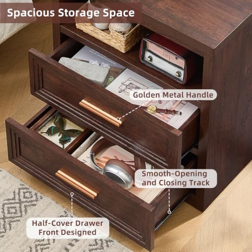 RWYHG 24'' Wide Farmhouse Night Stand with 2 Drawers,Wood Nightstand | Modern End Table Open Storage Shelf, Metal Handle, Mid-Century Bed Side Table for Bedroom, Living Room, Walnut - color: Walnut