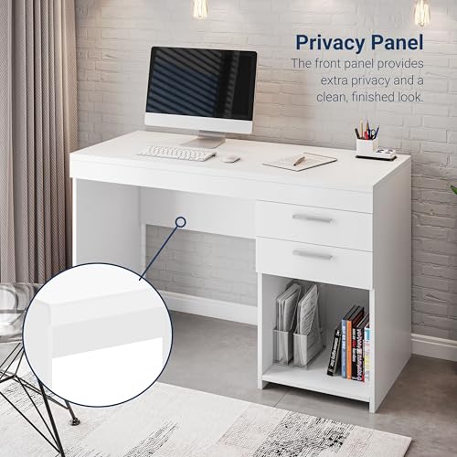 Techni Mobili 48 Inch Modern Compact Computer Desk with Drawers, White | 48 Inch modern desk with storage drawers, sturdy frame, compact design, ideal for bedrooms and home office workspaces - color: White