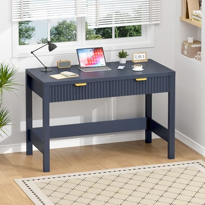 YOMILUVE Fluted Computer Desk with 2 Drawers, 39 Inch Small Computer Desk with Storage, Compact Writing Study Desk for Small Spaces, Blue - color: Blue