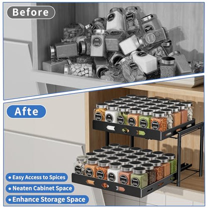 BOIVSHI Spice Organization for Cabinet, 2-Tier Cabinet Spice Rack, Height Adjustable Vertical Spice Rack Pull Out for Kitchen, Cabinet, Pantry (14.1''Wx10.8''Dx9.2''H, Metal Black) - size: 14.1''Wx10.8''Dx9.2''H,2 Tier