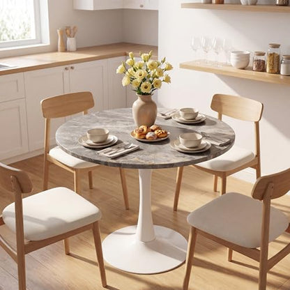 27.6" Marble Round Tulip Table, Mid-Century Modern Style Dining Table with White Pedestal Base for 2-4 People, Featuring A Marble Tabletop for Kitchen, Dining Room, Cafe (Dark Grey) - color: Dark Grey#white
