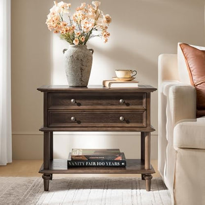 HULALA HOME Farmhouse Nightstand with Drawer & Open Shelf, Natural Wood End Table with Solid Wood Legs, 28.4'' Wide Sofa Side Table with Charging Station(Walnut) - color: Walnut