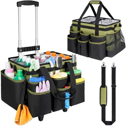 Large Rolling Cleaning Caddy Bag with Detachable Trolley,Cleaning Cart on Wheels with Shoulder Strap,Cleaning Supplies Organizer for Housekeepers,Green - color: Green