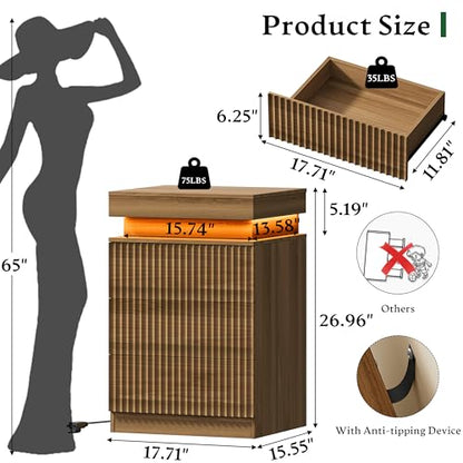 Xixini Nightstand with Charging Station and RGB LED Lights, Fluted 3-Drawer Bedside Table with Sliding Top, Wooden End Table for Bedroom, Living Room, Walnut - color: Walnut